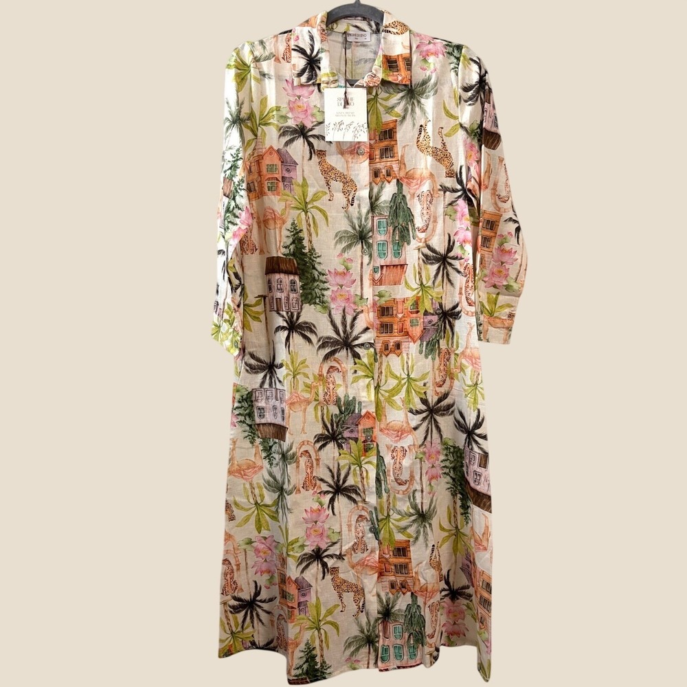 Spighe Di Lino Made in Italy Linen Blend Print Shirtdress Multi Size M